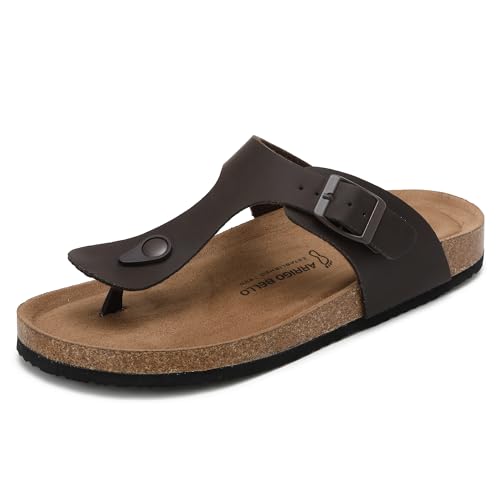 ARRIGO BELLO Herren Zehentrenner Pantoletten Natur Kork Leder Flip Flops Leicht Rutschfest Sommer Slip On Flach Sandalen Verstellbare Schnalle EU 36-46 (D-Braun,42) von ARRIGO BELLO