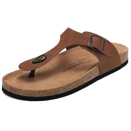 ARRIGO BELLO Herren Zehentrenner Pantoletten Natur Kork Leder Flip Flops Leicht Rutschfest Sommer Slip On Flach Sandalen Verstellbare Schnalle EU 36-46 (H2-Braun,41) von ARRIGO BELLO