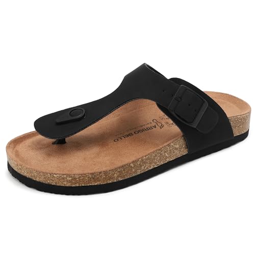 ARRIGO BELLO Herren Zehentrenner Pantoletten Natur Kork Leder Flip Flops Leicht Rutschfest Sommer Slip On Flach Sandalen Verstellbare Schnalle EU 36-46 (D-Schwarz,44) von ARRIGO BELLO