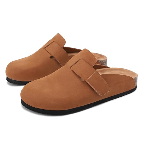 ARRIGO BELLO Pantoletten Damen Kork Fußbett Clogs Geschlossene Klettverschluss Leder Hausschuhe Bequeme Schlappen Braun EU41 von ARRIGO BELLO