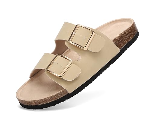 ARRIGO BELLO Pantoletten Damen Sandalen Verstellbare Rieme Badelatschen Rutschfestet Hausschuhe Indoor Outdoor Größe 36-41(Khaki,37) von ARRIGO BELLO