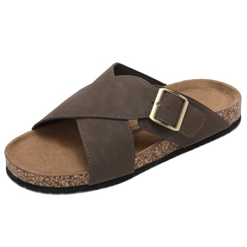 ARRIGO BELLO Pantoletten Herren Bequeme Leder Hausschuhe Stilvolle Rutschfeste Latschen Verstellbare Outdoor-Sandalen Metallriemen Size 41-46(B Braun,Größe 44) von ARRIGO BELLO