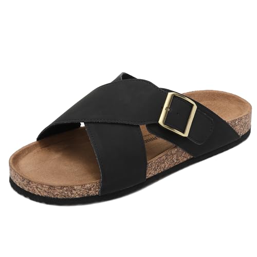 ARRIGO BELLO Pantoletten Herren Bequeme Leder Hausschuhe Stilvolle Rutschfeste Latschen Verstellbare Outdoor-Sandalen Metallriemen Size 41-46(B Schwarz,Größe 43) von ARRIGO BELLO