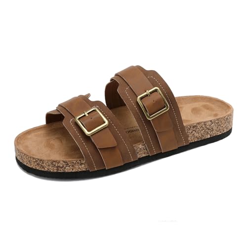 ARRIGO BELLO Sandalen Herren Kork Fußbett Pantoletten Leder Schlappen Verstellbarer Latschen Schnallenriemen Klettverschluss Sommer Hausschuhe Braun EU45 von ARRIGO BELLO