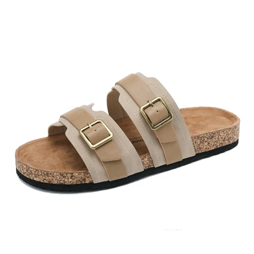 ARRIGO BELLO Sandalen Herren Kork Fußbett Pantoletten Leder Schlappen Verstellbarer Latschen Schnallenriemen Klettverschluss Sommer Hausschuhe Khaki EU43 von ARRIGO BELLO