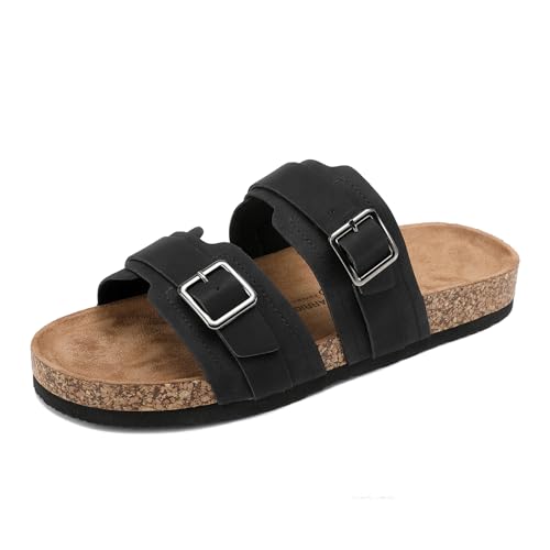 ARRIGO BELLO Sandalen Herren Kork Fußbett Pantoletten Leder Schlappen Verstellbarer Latschen Schnallenriemen Klettverschluss Sommer Hausschuhe Schwarz EU43 von ARRIGO BELLO