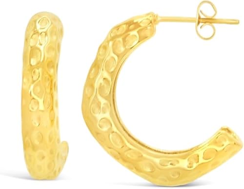 ARS-ARGENTI Boho Ohrringe Damen Mädchen Sterling Silber 925 Gold 18K - hypoallergen (Edle Halb-Creolen in gehämmertem Design ELIANA Edelstahl 18K vergoldet 23x23mm) von ARS ARGENTI