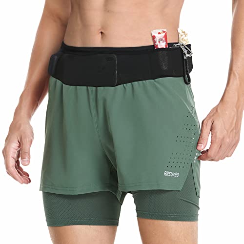 ARSUXEO 2 in 1 Laufshorts für Herren Wrap-Around Taschen Workout Gym Athletic Shorts, armee-grün, Groß von ARSUXEO