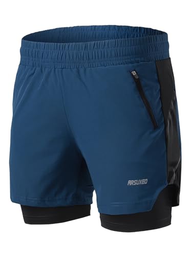 ARSUXEO Herren Laufshorts 2 in 1 Laufen Running Shorts Aktiv Turnhose mit 2 Reißverschlusstaschen B191 Dunkelblau XL von ARSUXEO