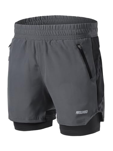 ARSUXEO Herren Laufshorts 2 in 1 Laufen Running Shorts Aktiv Turnhose mit 2 Reißverschlusstaschen B191 Dunkelgrau M von ARSUXEO