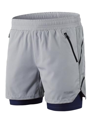 ARSUXEO Herren 2 in 1 Aktiv Laufshorts mit 2 Reißverschlusstaschen B191 Grau XXL von ARSUXEO