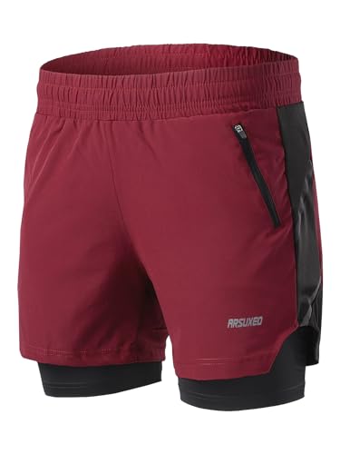 ARSUXEO Herren 2 in 1 Aktiv Laufshorts mit 2 Reißverschlusstaschen B191 Rot XL von ARSUXEO