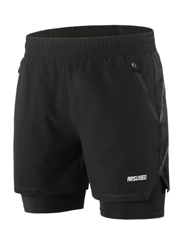 ARSUXEO Herren 2 in 1 Aktiv Laufshorts mit 2 Reißverschlusstaschen B191 Schwarz M von ARSUXEO