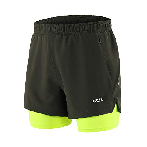 ARSUXEO Herren 2 in 1 Laufshorts Atmungsaktive Reißverschlusstasche B202 Armeegrün S von ARSUXEO