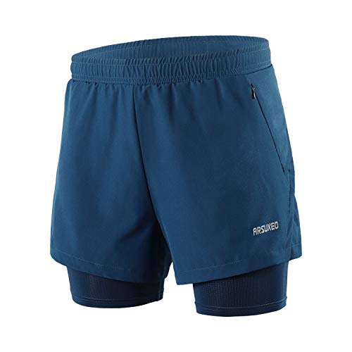 ARSUXEO Herren 2 in 1 Laufshorts Atmungsaktive Reißverschlusstasche B202 Dunkelblau XXL von ARSUXEO