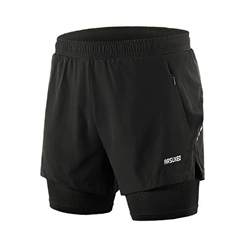 ARSUXEO Herren 2 in 1 Laufshorts Atmungsaktive Reißverschlusstasche B202 Schwarz L von ARSUXEO