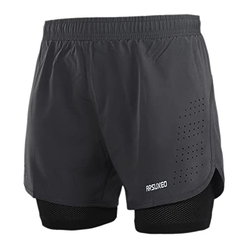 ARSUXEO Laufhose Herren Am Laufen Kurze Hose Gym Shorts mit Kompressionshose 2 in 1 Laufshorts für Fußball, Basketball oder das tägliche Leben B179 grau XXL von ARSUXEO