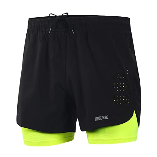 ARSUXEO Laufhose Herren Am Laufen Kurze Hose Gym Shorts mit Kompressionshose 2 in 1 Laufshorts für Fußball, Basketball oder das tägliche Leben B179 grün L von ARSUXEO