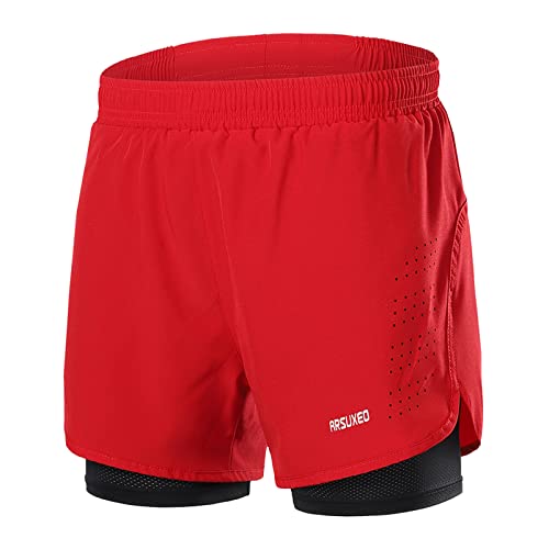 ARSUXEO Laufhose Herren Am Laufen Kurze Hose Gym Shorts mit Kompressionshose 2 in 1 Laufshorts für Fußball, Basketball oder das tägliche Leben B179 rot S von ARSUXEO