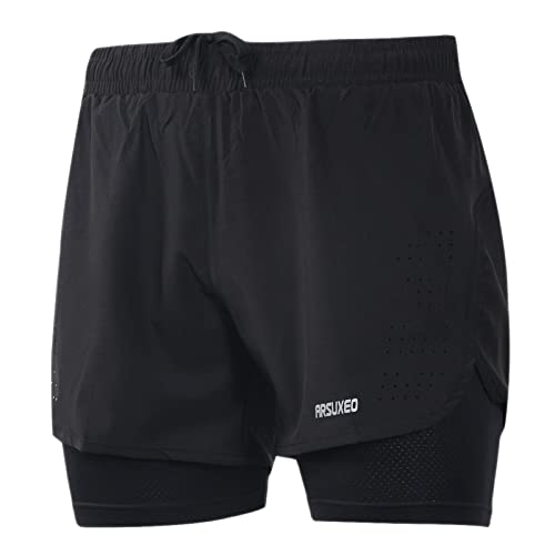 ARSUXEO Laufhose Herren Am Laufen Kurze Hose Gym Shorts mit Kompressionshose 2 in 1 Laufshorts für Fußball, Basketball oder das tägliche Leben B179 schwarz S von ARSUXEO