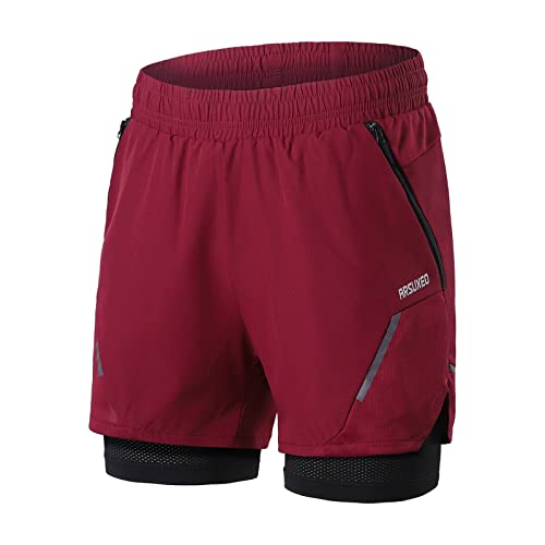 ARSUXEO Laufshorts Herren Laufhosen 2 in 1 Trainingsshorts Kurze Turnhose mit Mesh Liner Reißverschlusstaschen B210 rot M von ARSUXEO