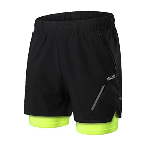 ARSUXEO Laufshorts Herren Laufhosen 2 in 1 Trainingsshorts Kurze Turnhose mit Mesh Liner Reißverschlusstaschen B210 schwarz grün L von ARSUXEO