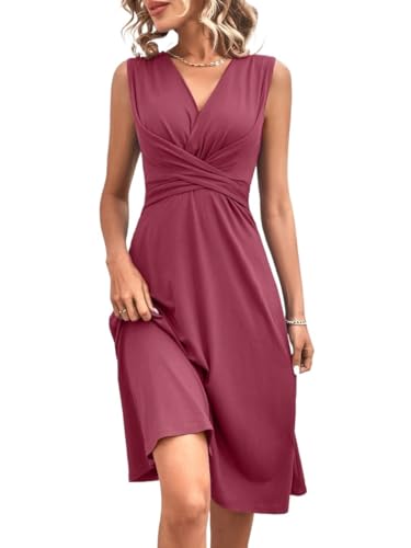Damen Midikleid Solid Color V-Neck Pleated Sleeveless Dress High Waist Arbeitskleid von ARTANT