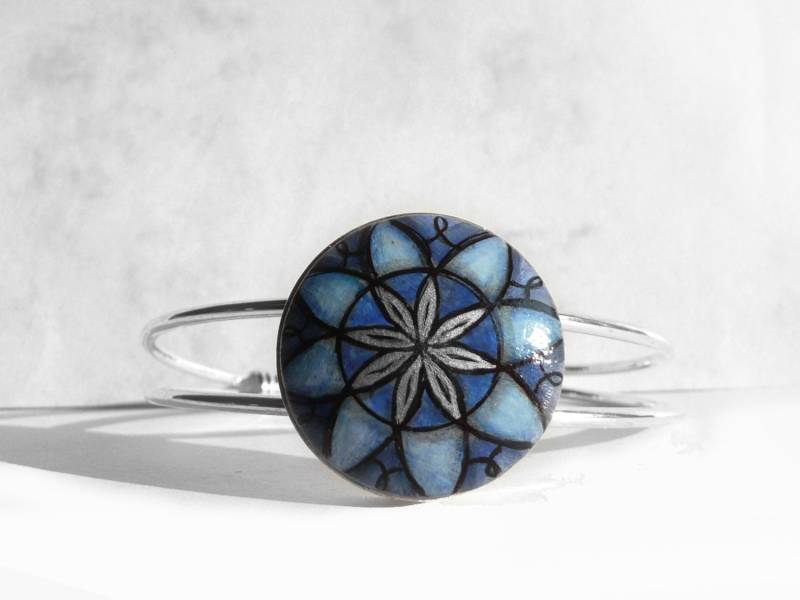 Handbemaltes Armband Mit Bild, Blauer Armreif, Handgemalter Schmuck, Originalbild Mandala von ARTDORA