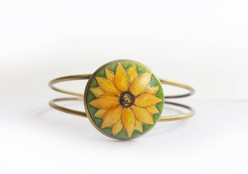 Armband Sonnenblume, Armreif Blume, Miniaturmalerei, Kleines Acrylbild, Blumenbild, Handbemalter Handschmuck von ARTDORA