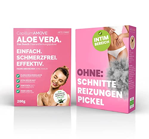 Capillum AMOVE Aloe Vera 200g Premium Enthaarungscreme Intimbereich Frau - Enthaarungspulver Frauen schmerzfreie Dusch-Intim Enthaarungscreme Frauen ohne Zusatzstoffe mit neutralem Geruch von ARTE FIORI EXCLUSIVE PRODUCTS