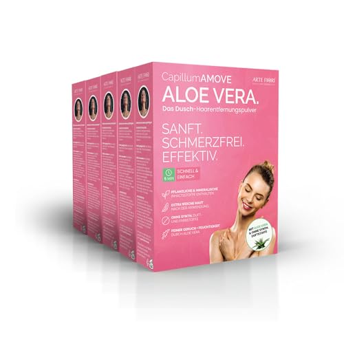 Capillum AMOVE Intim Enthaarungscreme Frauen Aloe Vera 5x300g - Premium Enthaarungspulver Intimbereich - schmerzfreies Dusch Haarentfernungspulver Intim ohne Zusatzstoffe mit neutralem Geruch von arte fiori