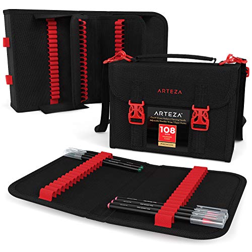 ARTEZA Layoutmarker Organisator, Taschenorganizer mit 108 Steckplätzen, abnehmbare Stiftetasche und Tragegurt, Reißverschlusstasche & Tragegriff, für Marker, Pinsel, Farbstifte von ARTEZA