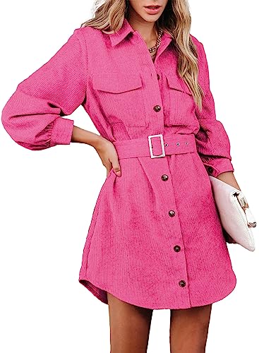ARTFREE Damen Cordkleid Knopfleiste Langarm Minikleid Revers Gürtel Herbst Casual Jacke Hemdkleid mit Taschen, Fuchsia, Groß von ARTFREE