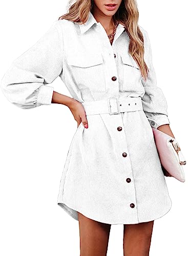 ARTFREE Damen Cordkleid Knopfleiste Langarm Minikleid Revers Gürtel Herbst Casual Jacke Hemdkleid mit Taschen, Weiss/opulenter Garten, Groß von ARTFREE