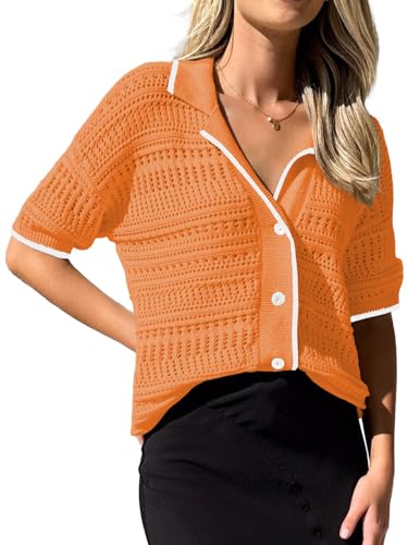 ARTFREE Damen-Strickjacke, kurzärmelig, lässig, Button-Down-Shirt, V-Ausschnitt, Aushöhlung, Sommer-Top, Strickpullover, Bluse, Orange/Abendrot im Zickzackmuster (Sunset Chevron), Mittel von ARTFREE