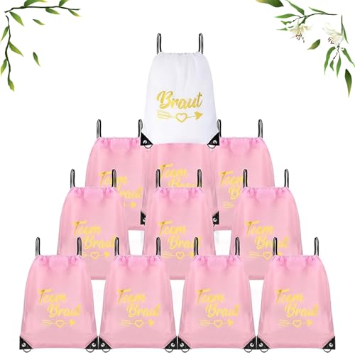 ARTGUTS 11 Stück Junggesellenabschied Frauen Team Bride,34 * 42cmBraut JGA Beutel Set, Damen Team Bride Rucksack mit Kordelzug, Geschenk für Junggesellenabschied Braut Party (Weiß Rosa) von ARTGUTS