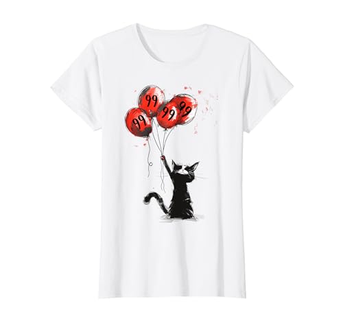 99. Geburtstag Frauen 99 Jahre Lustig Katze mit Luftballons T-Shirt von ARTIPALATI