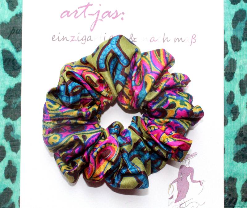 Scrunchie Haargummi Seide "Pop-Art", Neon Türkis, Gelb Pink Seidenhaargummi, Designer Scrunchie Scrunchy von ARTJAScom