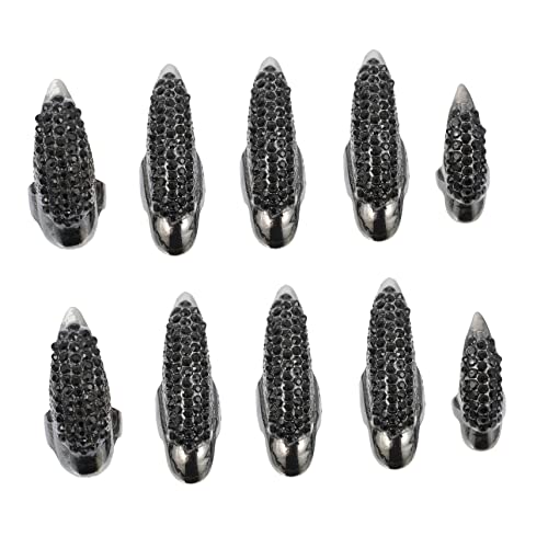 ARTSEWPLY 10 Stück Teiliges Gothic Fingernagel Krallenringe mit Strassbesetzten Katzenkrallen in Schwarz Robuste Metallnägel für Halloween Kostüme Partys und Tanzaufführungen von ARTSEWPLY