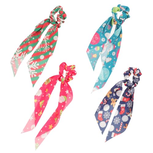 ARTSEWPLY 4 Stück Teiliges Elastische Haargummis mit Festlichen Weihnachtsbändern Weiche Stoffqualität Gute Dehnbarkeit Modische Haaraccessoires für Damen und Mädchen für Weihnachtsfeiern von ARTSEWPLY
