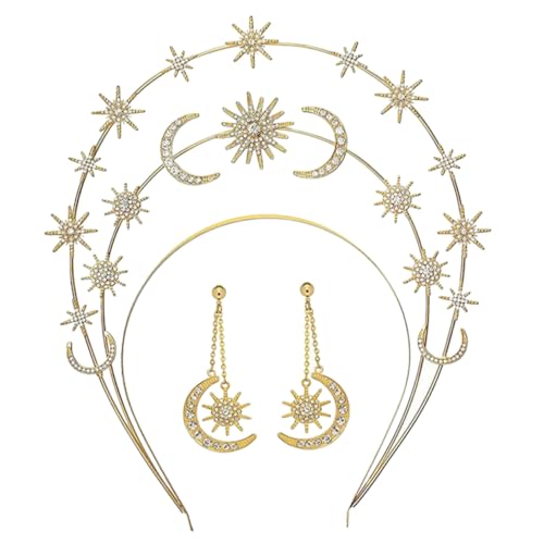ARTSEWPLY Göttinnen Haarreif Stern und Mond Haarschmuck Damen Krone Headpiece Hochzeit Braut Tiara Goldfarben Dreischichtiges Design mit Ohrringen für Festliche Anlässe von ARTSEWPLY
