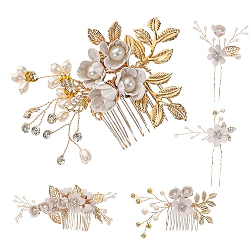 ARTSEWPLY Handgefertigtes Perlen blumen Haarkamm Haarnadeln für Braut und Mädchen Eleganter Hochzeits haarschmuck für Hochsteckfrisuren Weiß goldenes Design für Besondere Anlässe von ARTSEWPLY