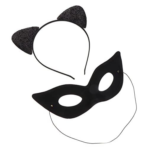 ARTSEWPLY Katzenohren Stirnband Damen Kuscheliges Leichtes Party Kostüm mit Augenmaske für Halloween Karneval Fasching Elastisches Haarband Modisch und Bequem Eleganter Mysteriöser Look von ARTSEWPLY