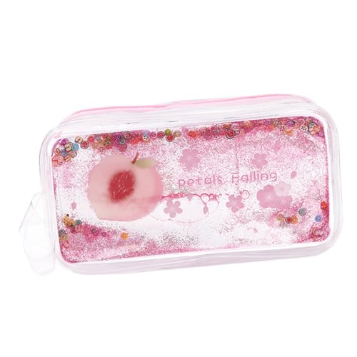 ARTSEWPLY Transparentes PVC Federmäppchen mit Quicksand Design Große Kapazität Tragbare Stifttasche mit Glitzerndem Pfirsichmotiv Süßes Kulturbeutel für Schule Büro Make Up Leicht zu Tragen von ARTSEWPLY