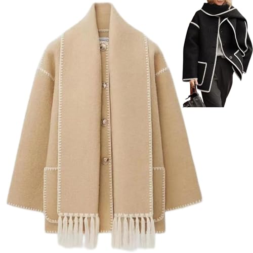 ARTSIM Woll-Cape-Mantel im Hepburn-Stil, Damen-Jacke mit besticktem Schal, übergroßer Mantel aus Wollmischung mit Schal-Fransenjacke (Color : BEIGE, Size : L) von ARTSIM