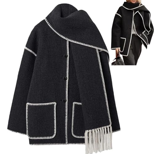 ARTSIM Woll-Cape-Mantel im Hepburn-Stil, Damen-Jacke mit besticktem Schal, übergroßer Mantel aus Wollmischung mit Schal-Fransenjacke (Color : Black 2, Size : XL) von ARTSIM