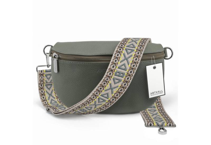 ARTVALL Umhängetasche Echtleder Handtasche Damen Brusttasche Grau Grün (Tasche inkl. Taschenband), Leder Bauchtasche klein breiter Schulterriemen abnehmbarer Taschengurt von ARTVALL