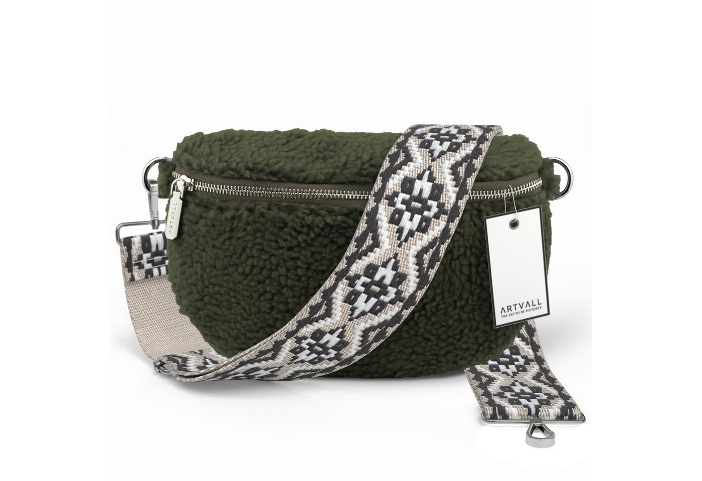 ARTVALL Umhängetasche Teddy Handtasche Damen Bag Brusttasche Olivgrün, Bauchtasche Teddy Plüschtasche Teddyfell mit Schultergurt Design Klein von ARTVALL