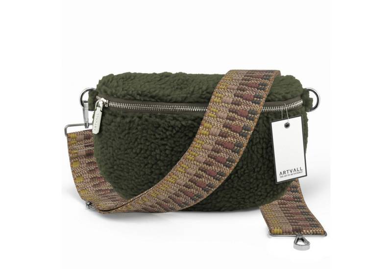 ARTVALL Umhängetasche Teddy Handtasche Damen Bag Brusttasche Olivgrün, Bauchtasche Teddytasche mit breitem Band Plüsch Tasche flauschig Klein von ARTVALL