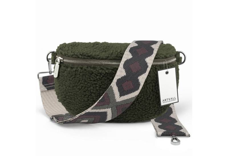 ARTVALL Umhängetasche Teddy Handtasche Damen Bag Brusttasche Olivgrün, Bauchtasche Teddytasche mit breitem Band Plüsch Tasche flauschig Klein von ARTVALL